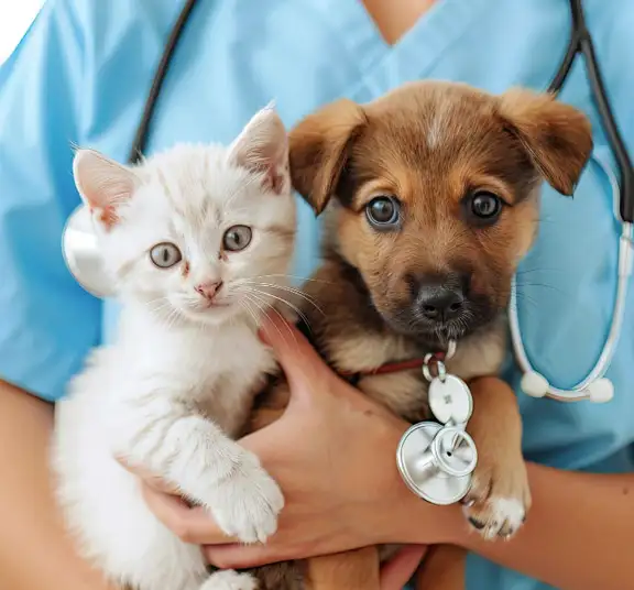 Puppy and kitten held by veterinarian at Canyon View Cares in Orem, UT